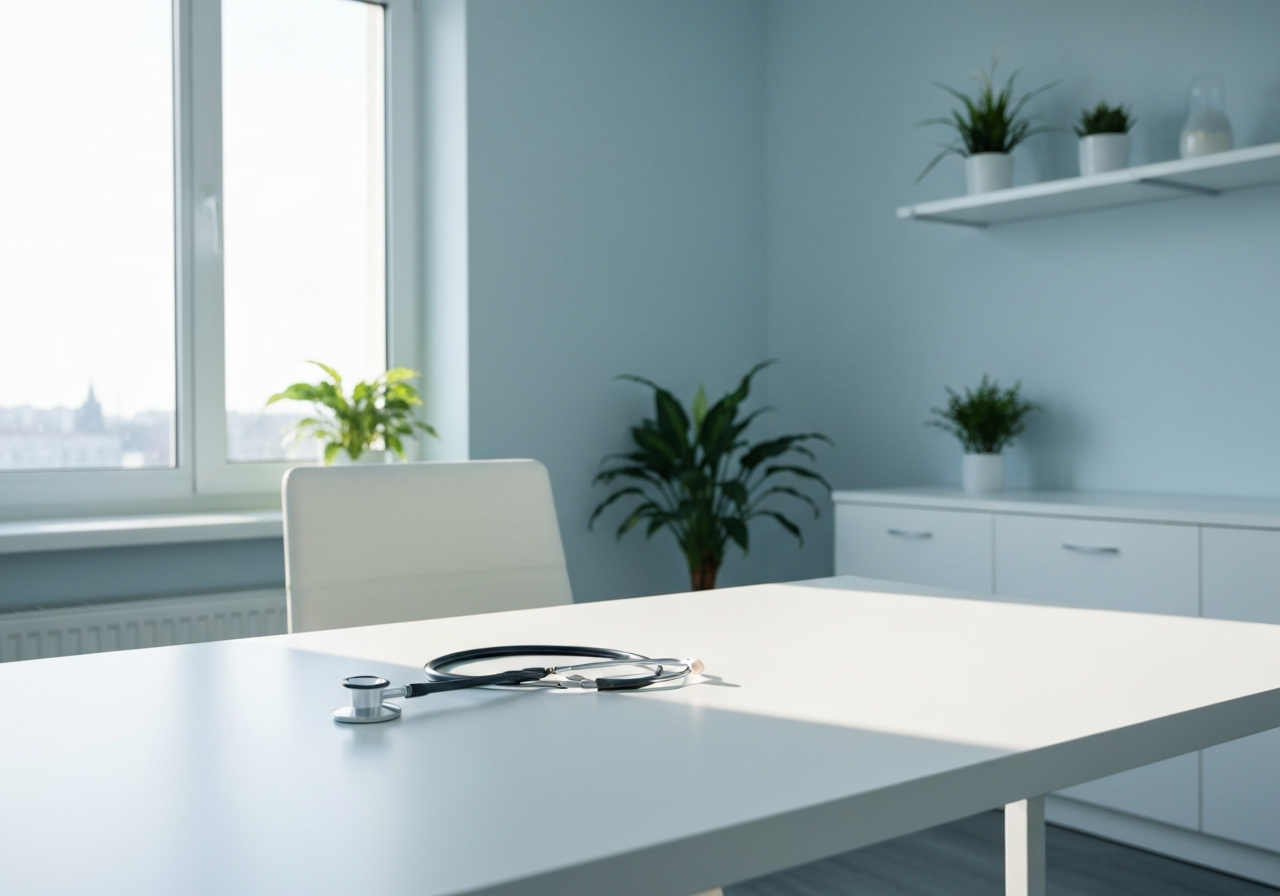 Podrážděný žaludek? 5 rychlých úlev (do 10 minut) 3 A professional, minimalist doctor's office interior with a stethoscope on a clean desk, soft natural light, editorial photography style, 85mm lens, high resolution, no text, no words, no letters