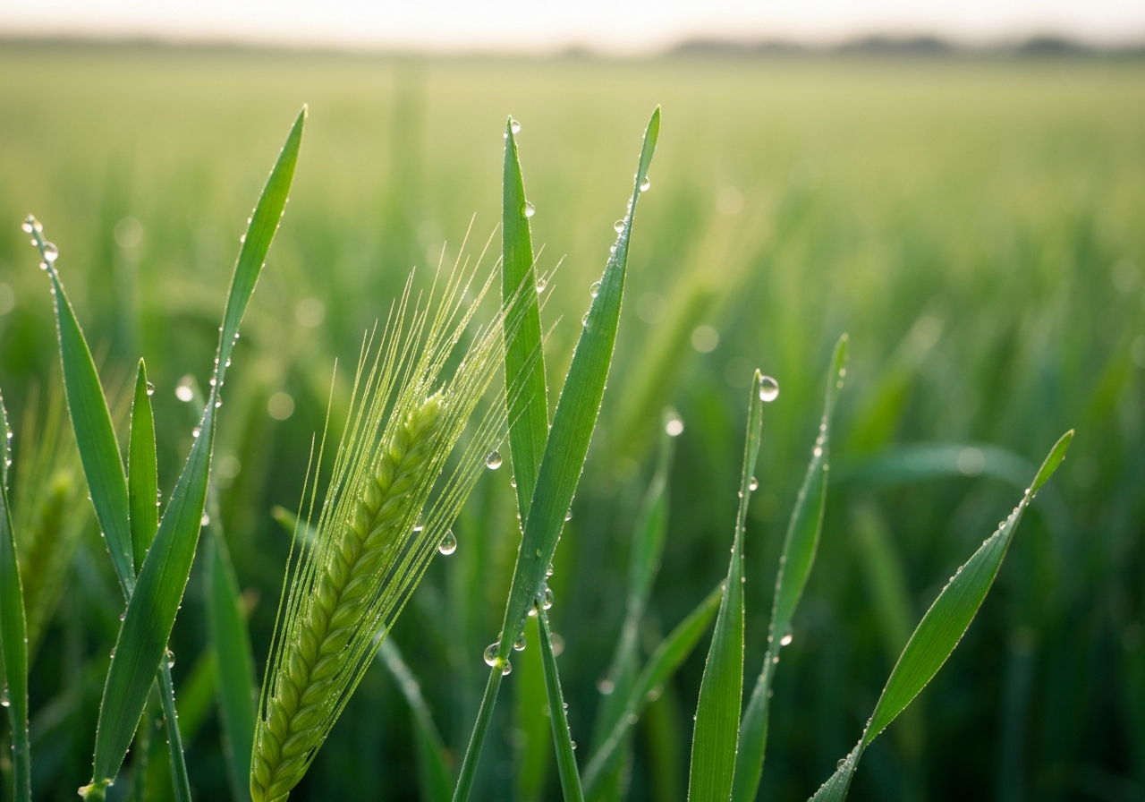 Macro shot of vibrant green barley grass blades covered in morning dew, blurred field background, high-end editorial food photography, soft natural light, 85mm lens, sharp focus, cinematic depth of field, no text, no letters