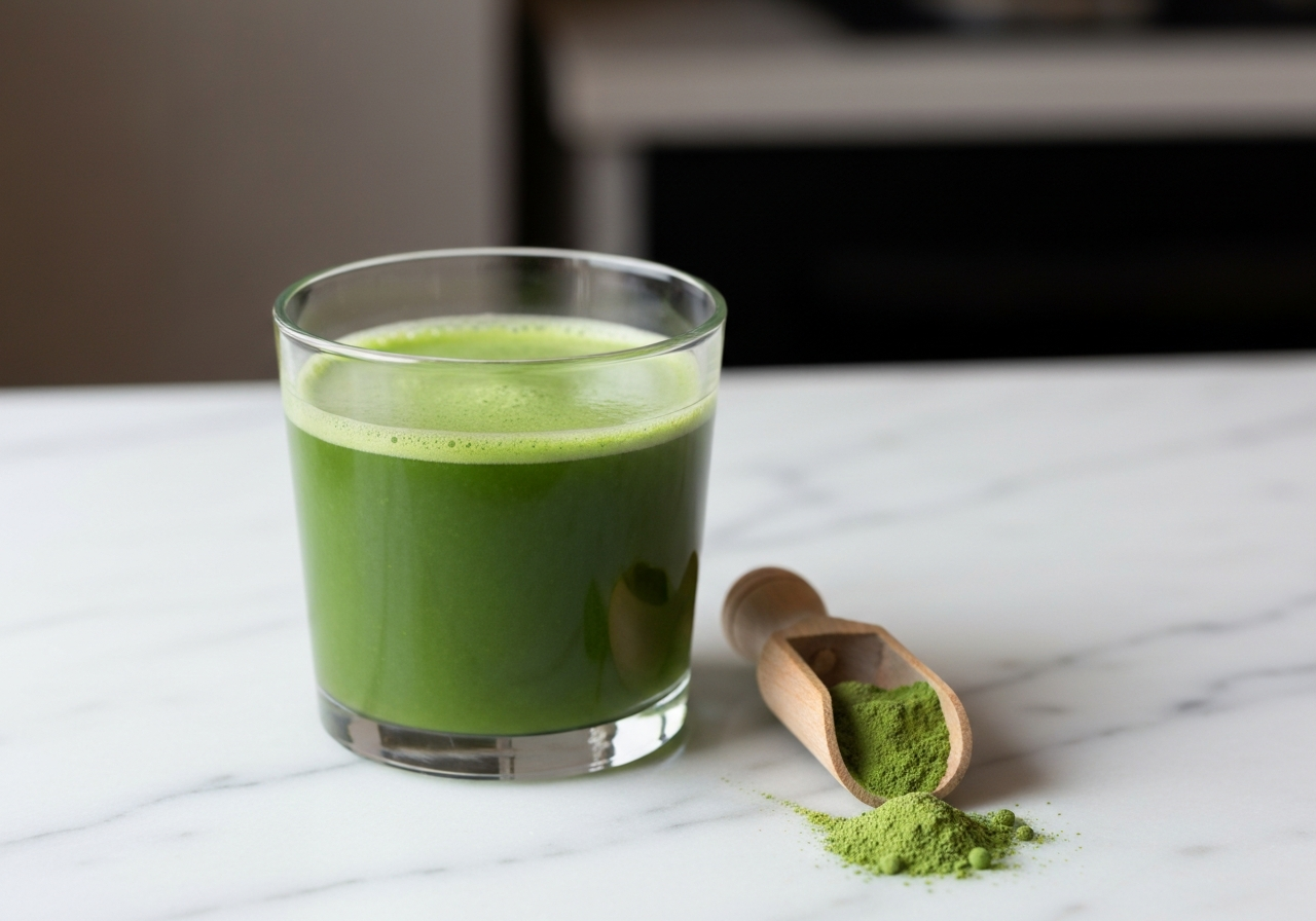 A high-end editorial close-up of a glass of vibrant green barley juice next to a small wooden scoop with green powder on a clean white marble surface, modern kitchen aesthetic, soft natural morning light, 85mm lens, depth of field, no text, no words, no letters.