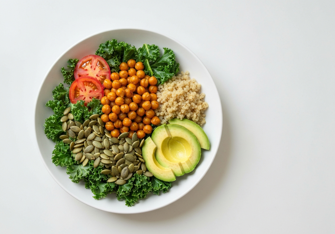 A gourmet, deconstructed salad bowl featuring vibrant kale, roasted chickpeas, quinoa, avocado, and toasted seeds, shot from above, modern kitchen countertop, soft natural light, editorial food photography, 85mm lens, high resolution, no text, no words, no letters