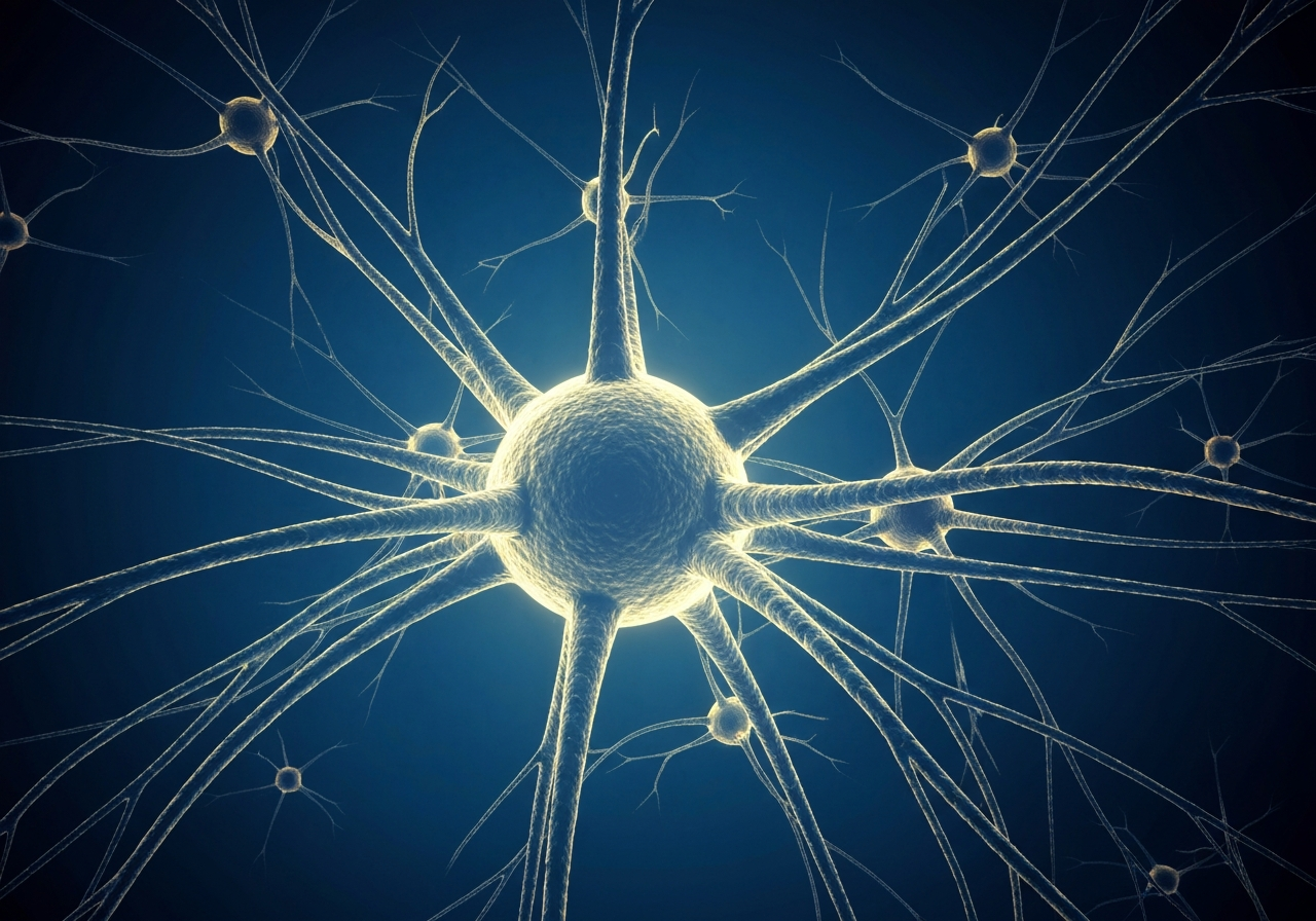 A stylized microscopic view of human neural pathways glowing with calming blue and gold light, modern, clean, editorial photography, high-end science aesthetic, soft cinematic lighting, 85mm lens, no text, no letters