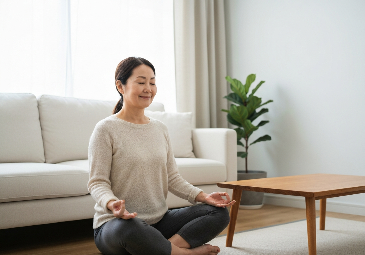 A peaceful person sitting in a minimalist living room practicing mindfulness, soft natural light streaming through a window, zen aesthetic, high-end editorial photography, 85mm lens, shallow depth of field, no text, no words, no letters