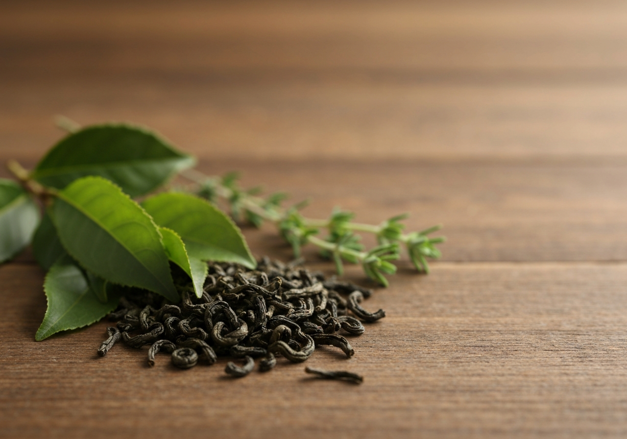 Detox čaj: Funguje vůbec? (Pravda o očistě těla) 3 A close-up, high-quality editorial photograph of premium loose-leaf green tea leaves and delicate herbs arranged on a rustic wooden table, soft natural morning light, depth of field, 85mm lens, minimalist and clean, no text, no words, no letters.