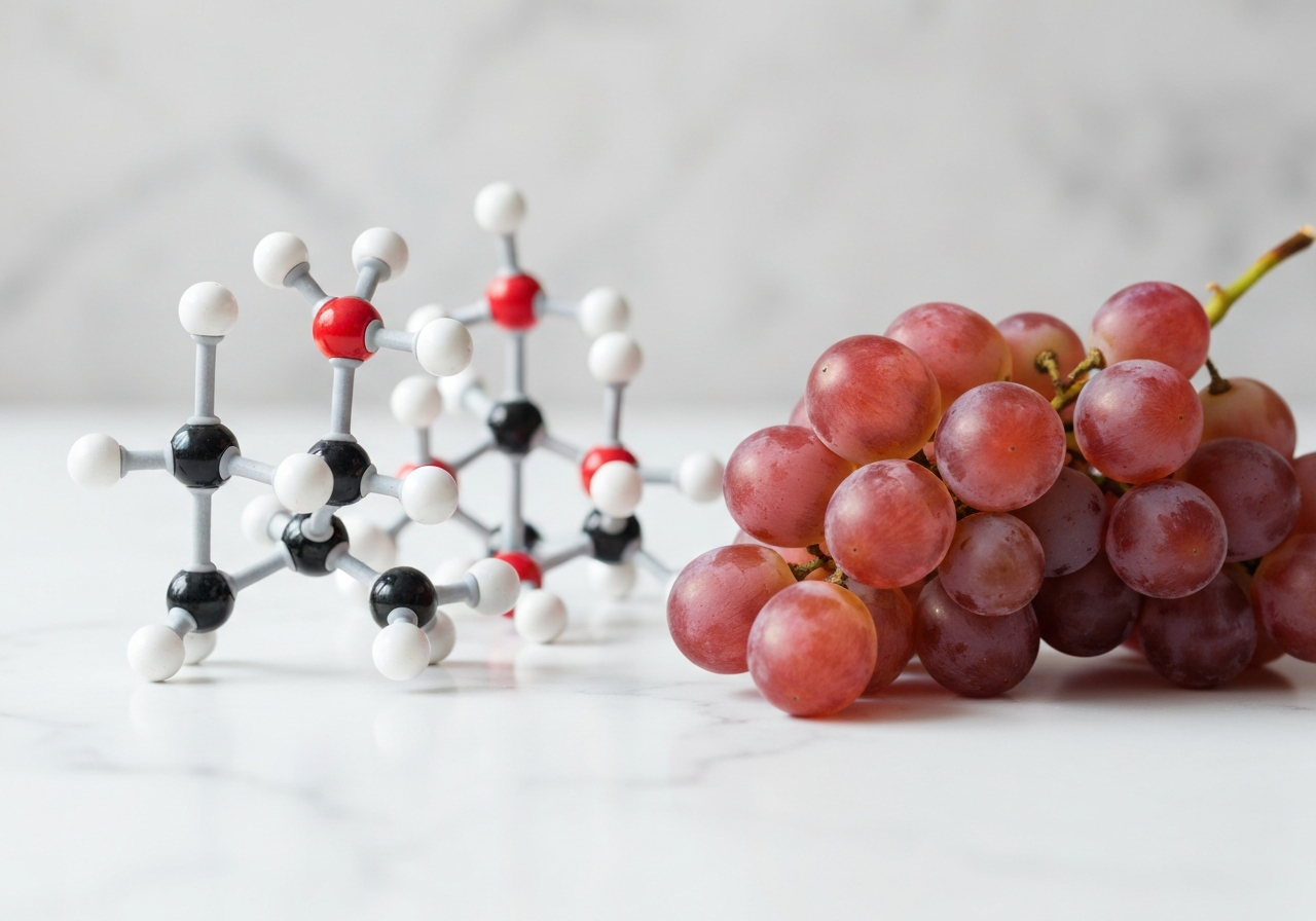 A macro, detailed shot of glucose molecular structure model next to a fresh cluster of grapes on a minimalist white marble surface, clean, editorial photography, soft natural light, 85mm lens, high-end nutritional blog aesthetic, no text, no letters
