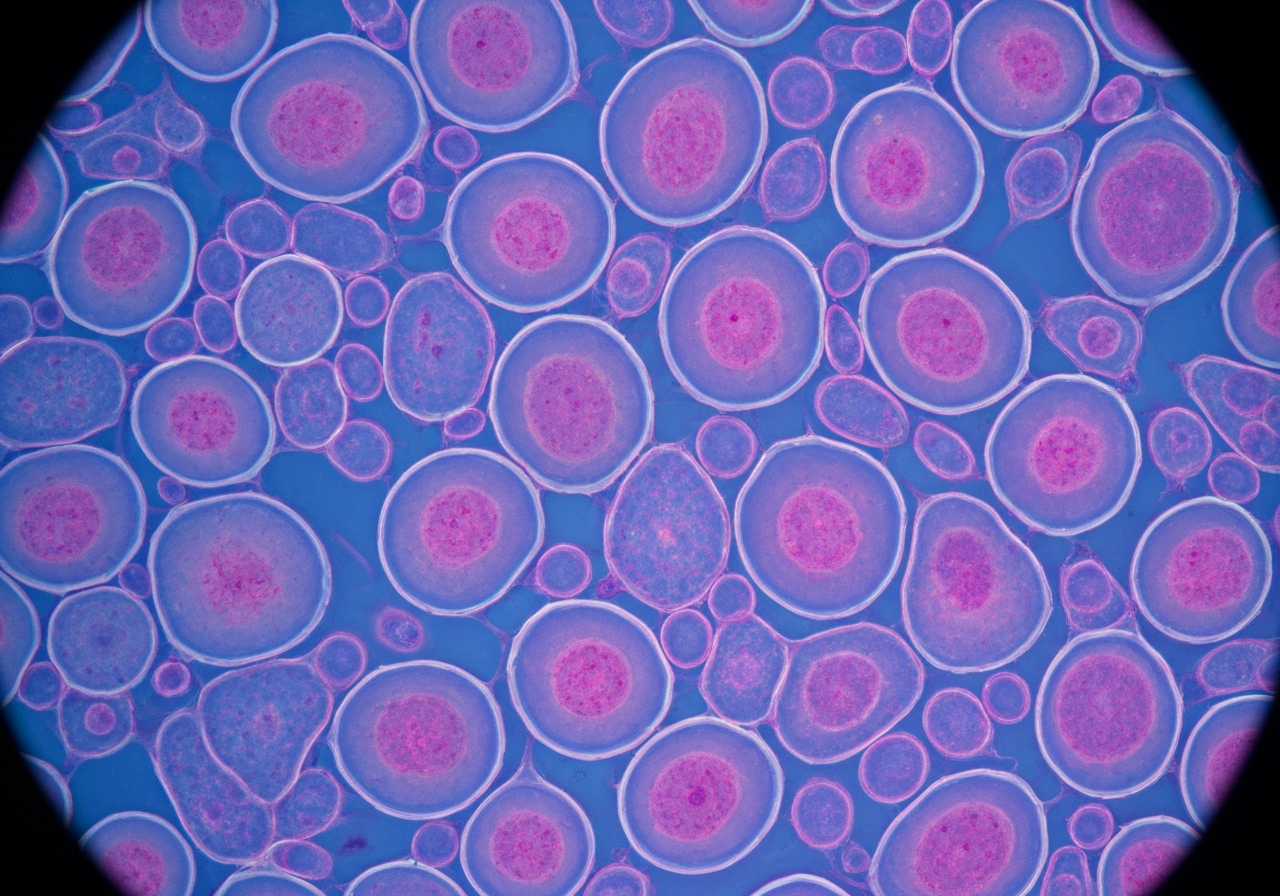 Macro shot of Saccharomyces cerevisiae yeast cells under a high-resolution laboratory microscope, vibrant biological structures, scientific modern aesthetic, soft blue and purple lighting, 85mm lens, highly detailed textures, no text, no letters