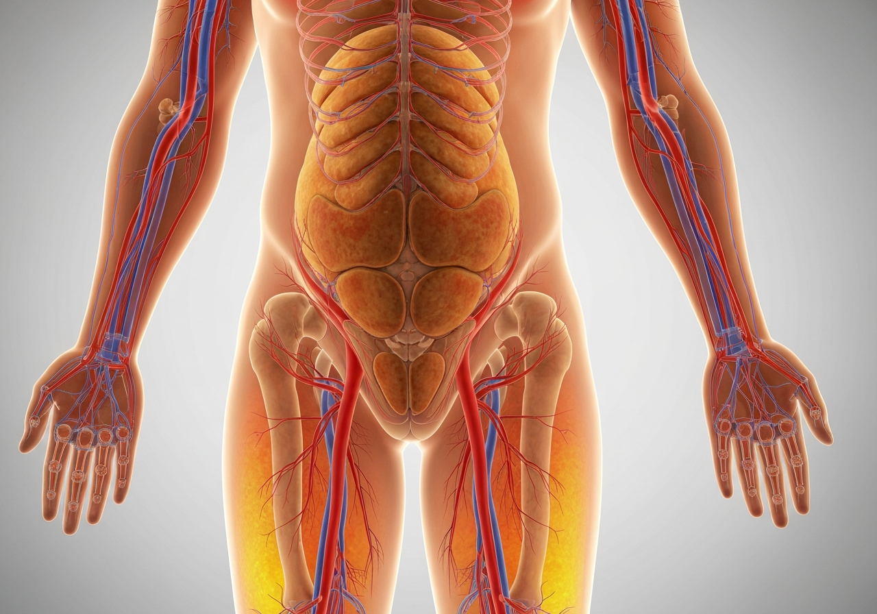 A professional medical illustration of the human body showing heat distribution, highlighting the brown adipose tissue areas, clean clinical aesthetic, premium scientific visualization, soft diffused studio lighting, 85mm lens, high resolution, no text, no words, no letters.