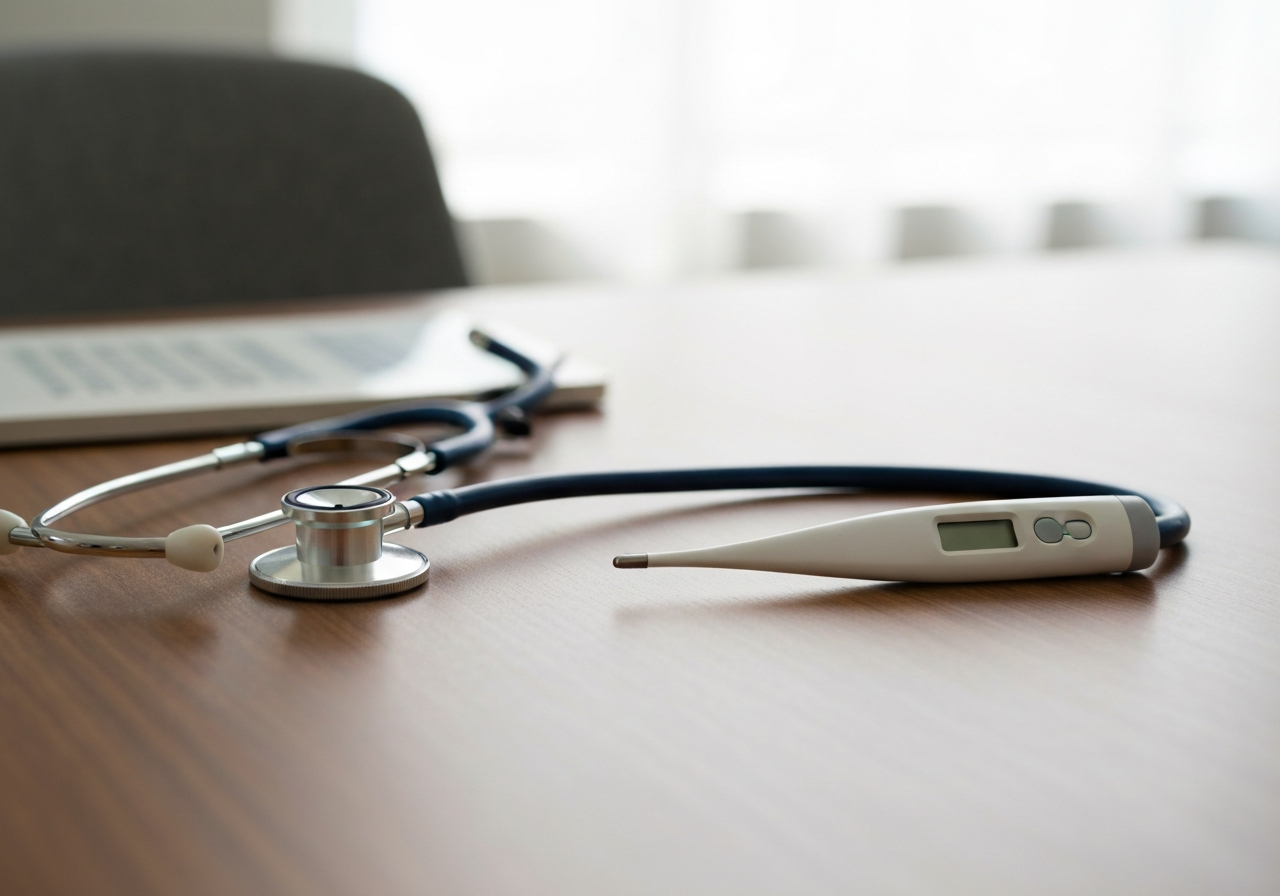 A professional medical check-up environment, a stethoscope lying on a wooden desk next to a digital thermometer, clean minimalist aesthetic, high-end editorial photography, soft natural light, shallow depth of field, 85mm lens, no text, no letters.