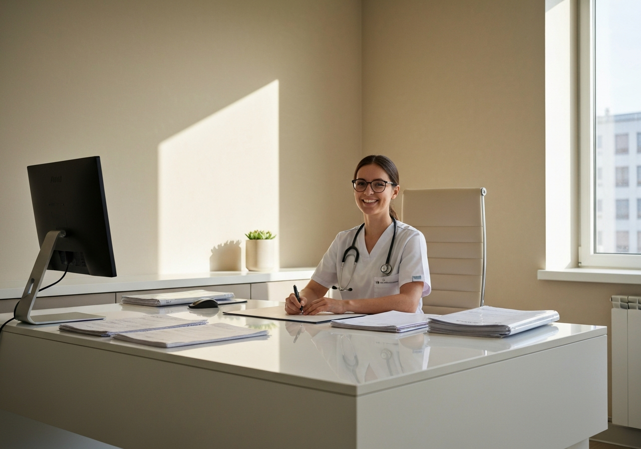 A sterile, modern medical consultation room with soft natural light, a professional nutritionist sitting at a desk with clinical records, focus on a calm and safe environment, editorial photography, 85mm lens, high quality, no text, no letters