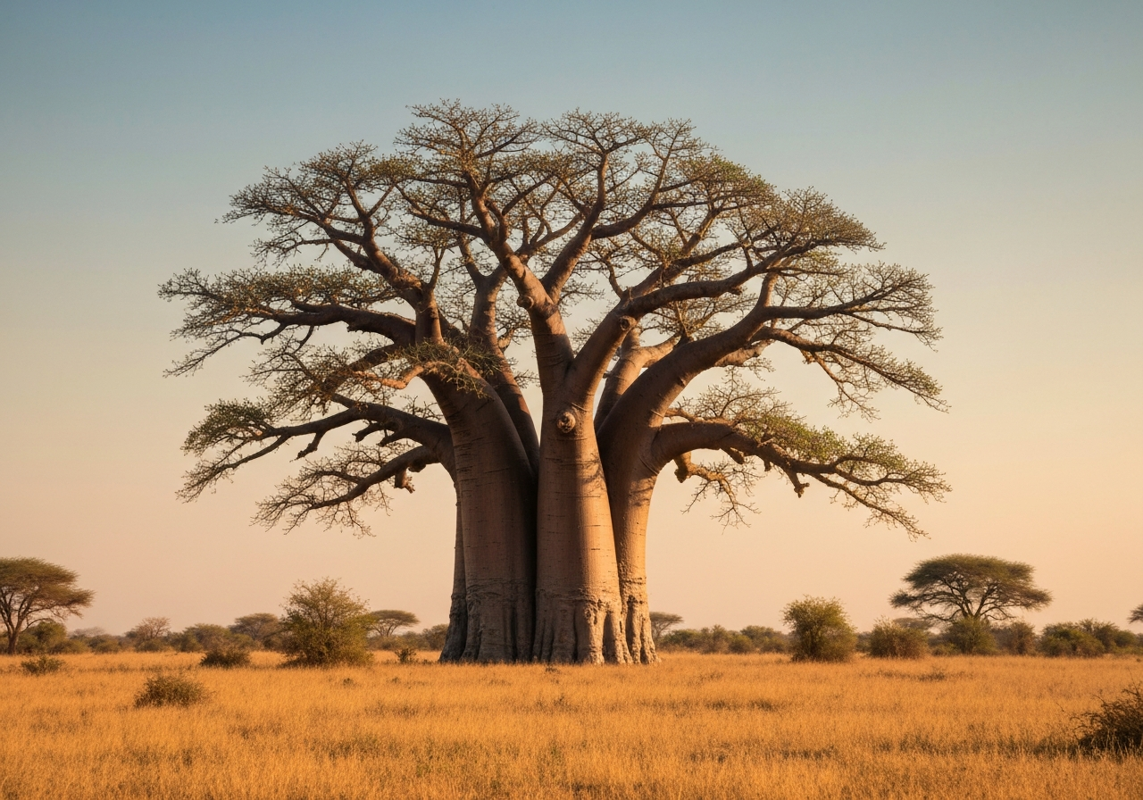 Baobab: Zázrak, nebo jen mýtus? (Pravda o detoxu) 2 A majestic, ancient Adansonia digitata baobab tree standing in a vast savanna, golden hour lighting, cinematic wide shot, editorial photography, clean composition, 85mm lens, high resolution, no text, no words, no letters