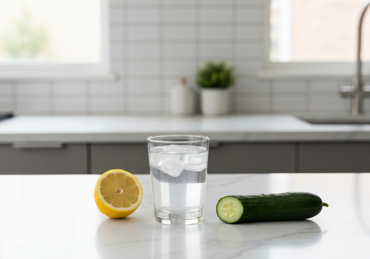 Detox za 5 minut: 3 ingredience pro čisté tělo (Návod) 3 A clear glass of water next to a fresh slice of lemon and cucumber on a marble countertop, minimalistic kitchen background, soft natural light, professional editorial photography, 85mm lens, high resolution, no text, no letters