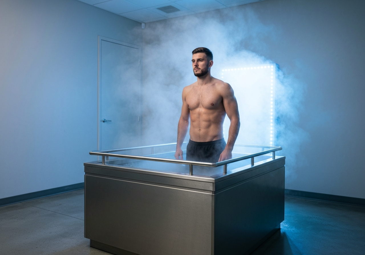 Otužování: 10 zásad pro zdraví (Expert 2026) 2 A professional athlete standing in a modern cold plunge tank in a minimalist wellness studio, steam rising from the water, dramatic cool blue lighting, editorial style, 85mm lens, highly detailed, no text, no letters.