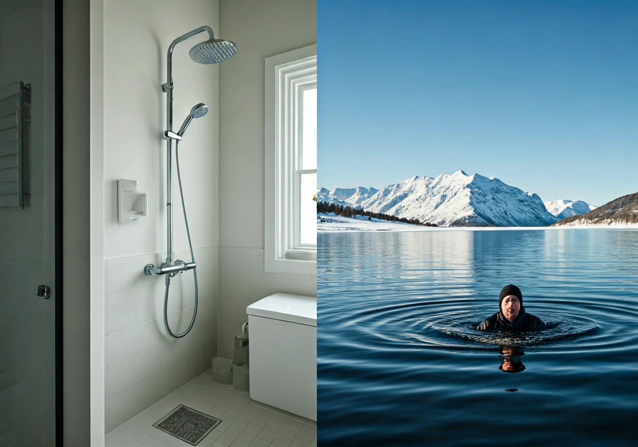 Otužování: 10 zásad pro zdraví (Expert 2026) 3 A split composition showing a home bathroom shower setting on one side and a person swimming in a cold lake during winter on the other, editorial photography, clean aesthetic, soft natural light, 85mm lens, high resolution, no text, no words, no letters