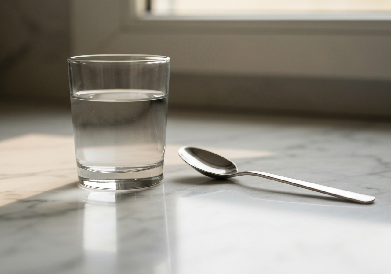Macro photography of a pristine glass of water placed on a marble surface, next to a stainless steel kitchen utensil, modern clean environment, soft natural morning light, depth of field, 85mm lens, highly detailed, no text, no letters