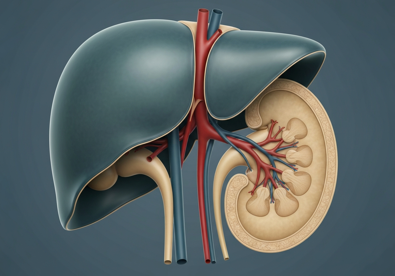 A detailed anatomical cross-section visualization of human liver and kidneys, clean medical illustration style, minimalist blue and gold accents, soft clinical lighting, high resolution, 85mm lens, no text, no words, no letters.