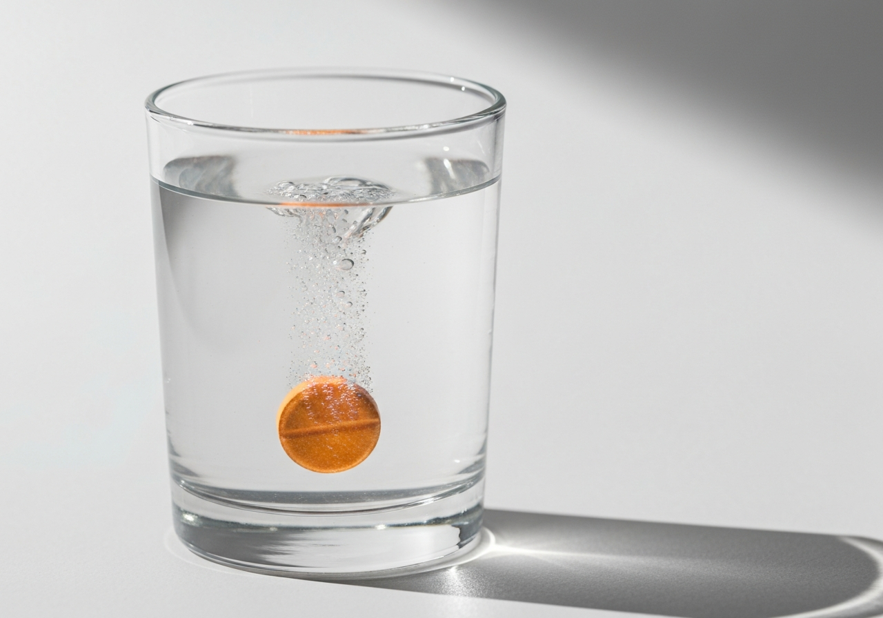 Nežádoucí účinky kyseliny askorbové: Jsou nebezpečné? 2 A professional clinical setting featuring a clear glass of water with effervescent vitamin C tablet dissolving, macro shot, editorial style, high contrast, clean white background, soft natural side lighting, 85mm lens, depth of field, no text, no words, no letters