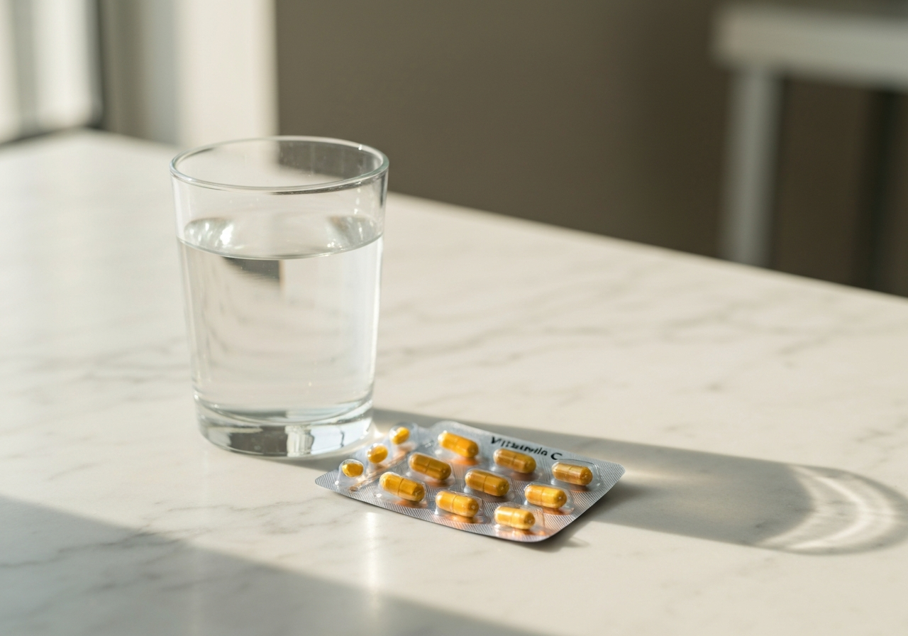 Nežádoucí účinky kyseliny askorbové: Jsou nebezpečné? 3 A professional clinical setting with a glass of water and a blister pack of vitamin C supplements on a clean marble surface, soft natural morning light, medical aesthetic, 85mm lens, high resolution, no text, no words