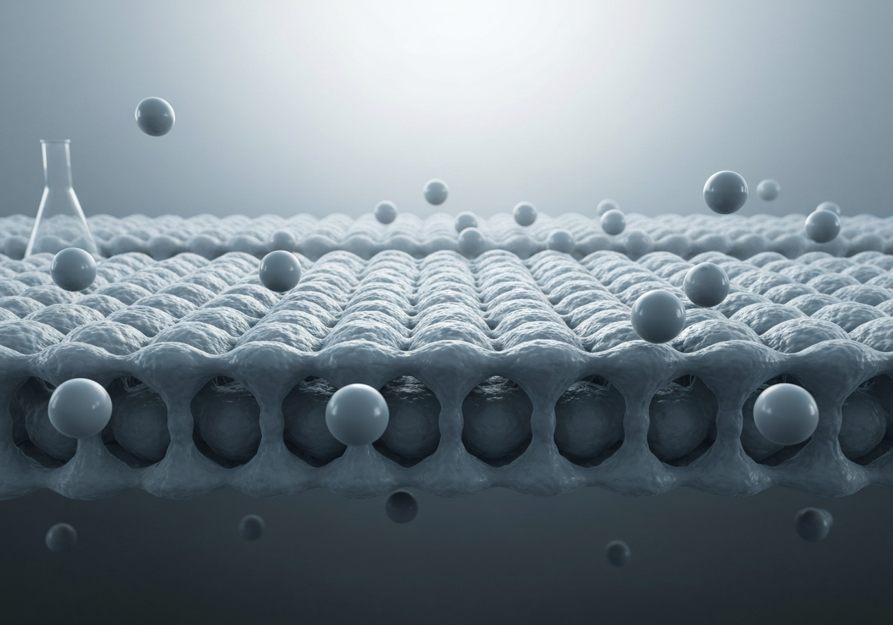 A scientific 3D render of a lipid bilayer membrane with embedded cholesterol molecules, clean laboratory aesthetic, soft cinematic lighting, depth of field, high resolution, 85mm lens, no text, no words, no letters
