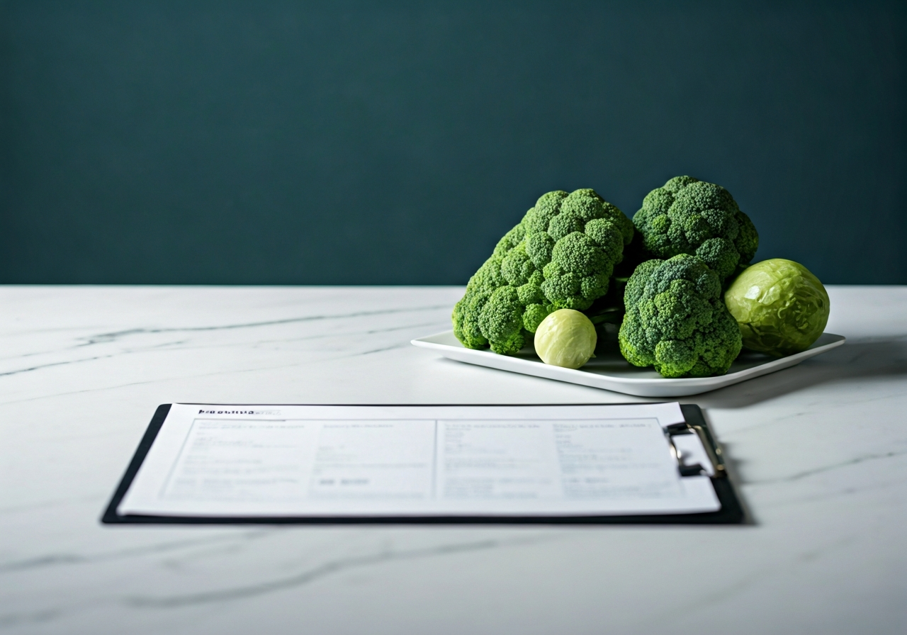A professional medical chart comparing clinical equipment with fresh green vegetables on a white marble table, modern minimalist clinic environment, editorial photography, soft natural light, 85mm lens, sharp focus, no text, no letters, no words