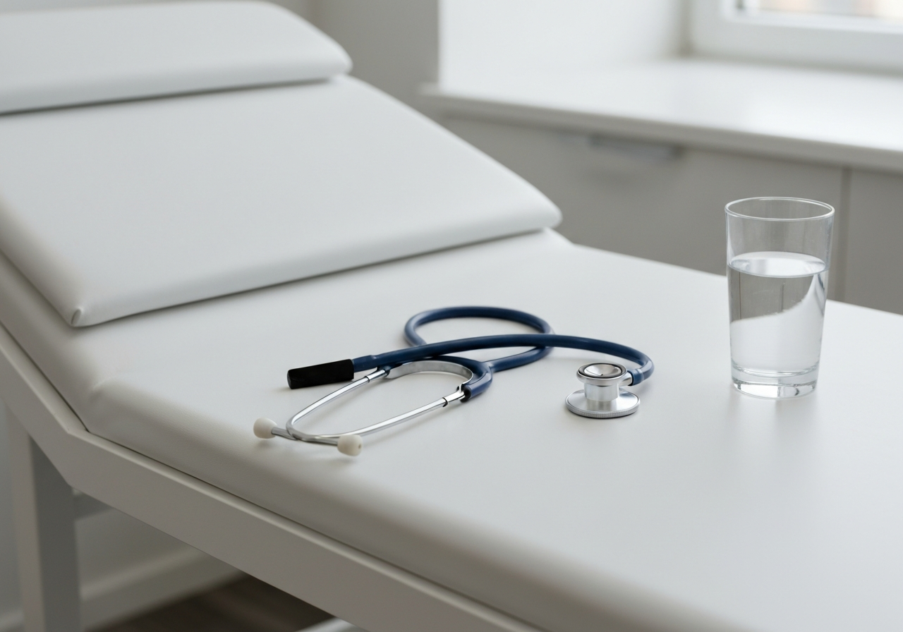 A professional medical clinical setting with soft natural light, clean white aesthetic, a stethoscope and a glass of water on a clinical table, editorial photography style, 85mm lens, high resolution, no text, no letters
