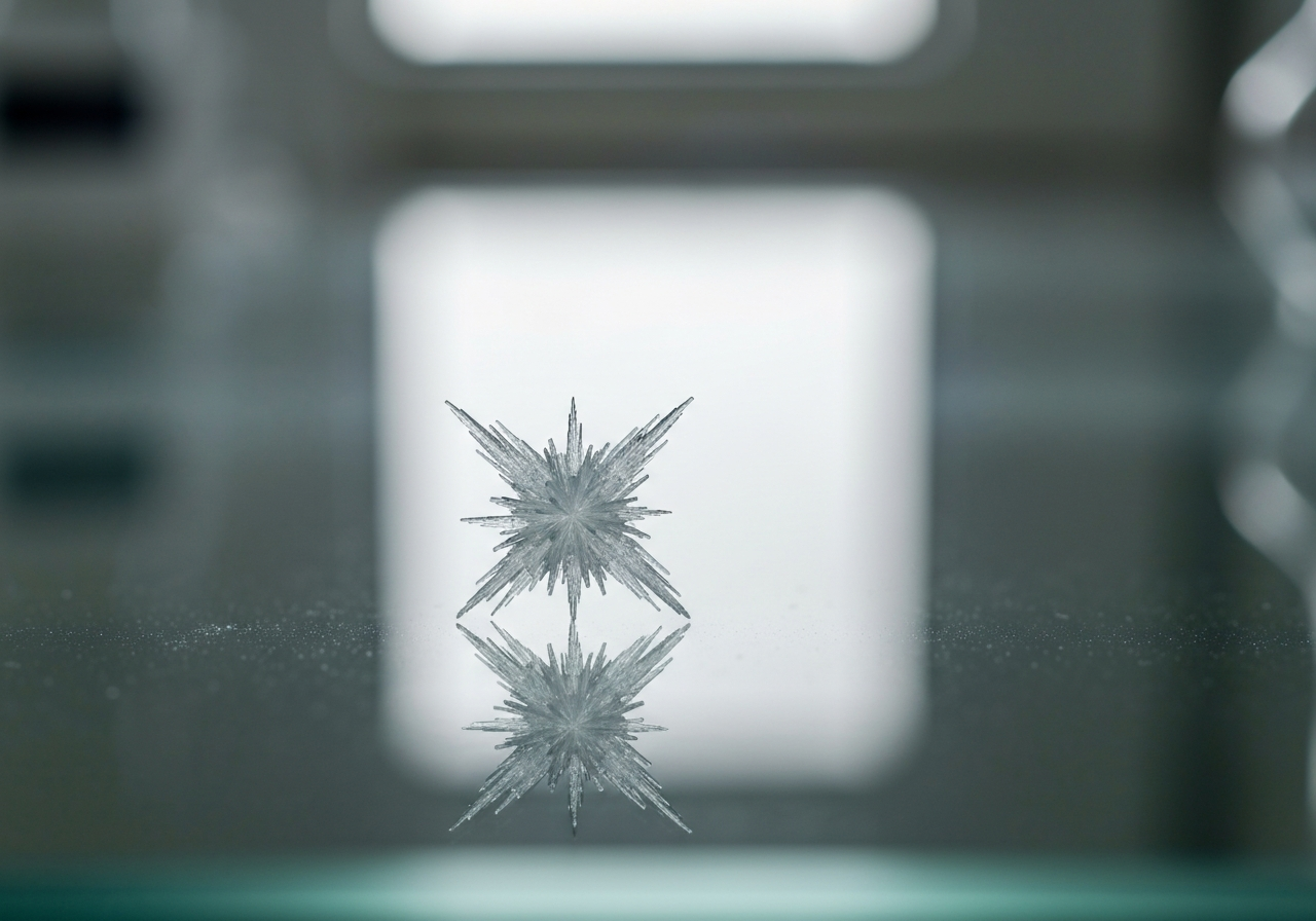 A scientific macro shot of pure, crystalline L-ascorbic acid powder on a clean glass surface, abstract minimalist laboratory background, soft natural side lighting, 85mm lens, high resolution, no text, no words.