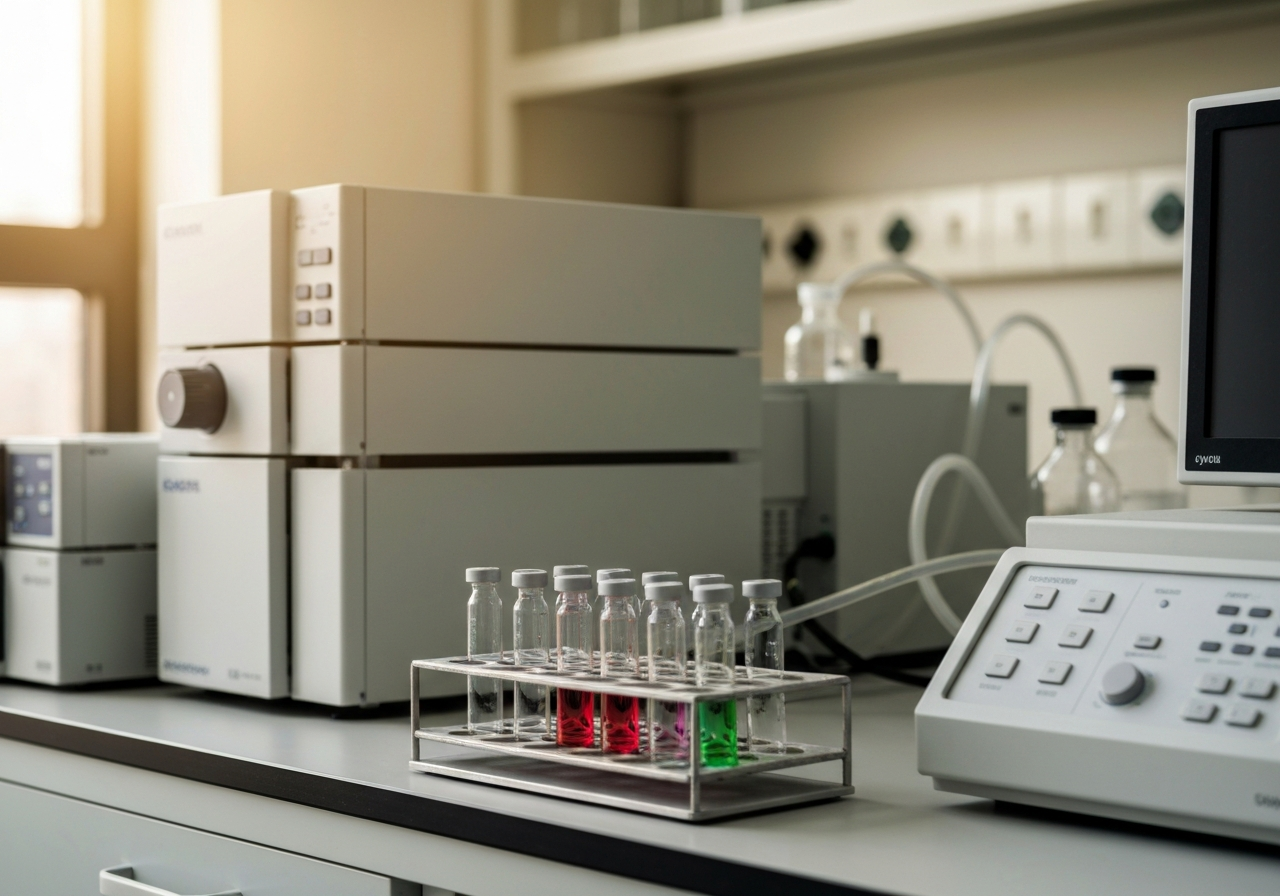 A professional laboratory setting featuring high-performance liquid chromatography equipment, glassware with clear solutions, soft natural light, depth of field focusing on the analytical instruments, editorial photography style, 85mm lens, high resolution, no text, no words.