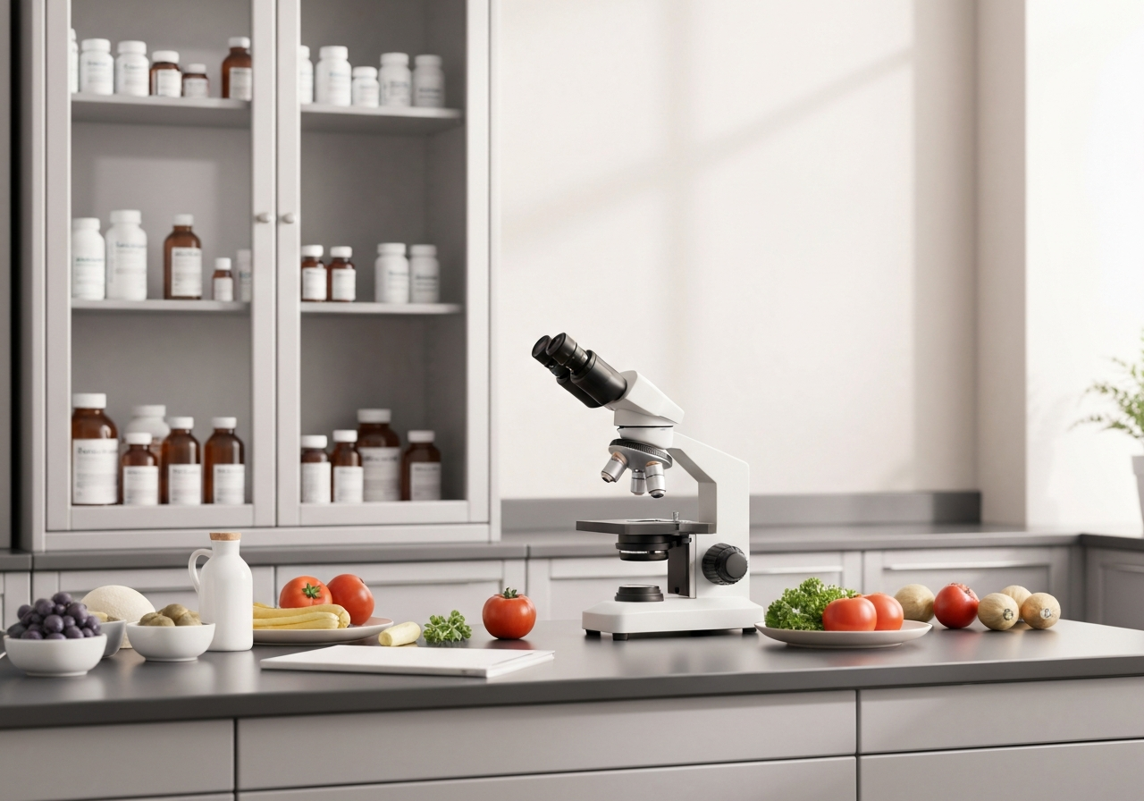 A professional medical setting featuring pharmaceutical bottles, a clinical microscope, and a balanced diet concept with organic whole foods, clean modern aesthetic, soft natural light, 85mm lens, depth of field, no text, no letters
