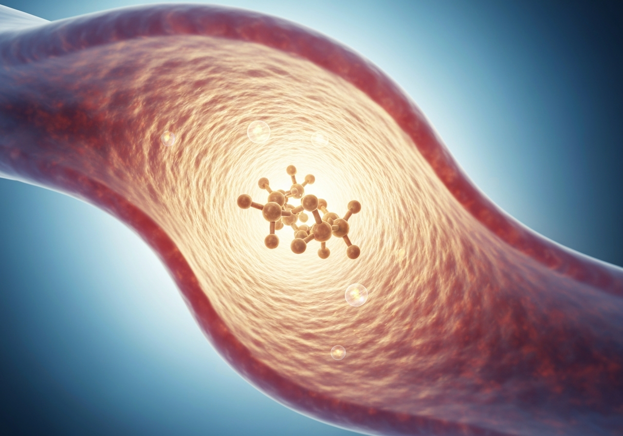 Cholesterol: 5 klíčových funkcí v těle (za 3 minuty) 2 A microscopic view of lipid molecules inside a human artery, scientific visualization, clean modern aesthetic, soft blue and golden lighting, 85mm lens, high resolution, no text, no letters