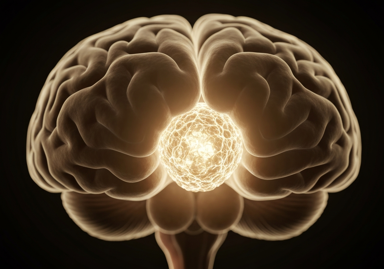 Detoxikace šišinky: Funguje to skutečně? (Pravda) 2 A detailed 3D anatomical render of the pineal gland located in the center of the human brain, glowing with a soft, ethereal golden light, ethereal atmosphere, macro lens, professional clinical style, sharp focus, no text, no letters
