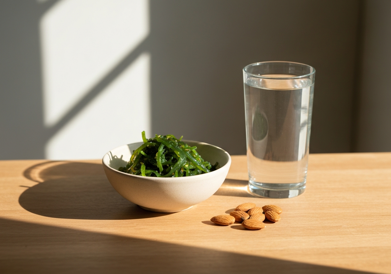 Detoxikace šišinky: Funguje to skutečně? (Pravda) 3 A clean, minimalistic wooden table featuring a bowl of organic seaweed, a handful of almonds, and a glass of filtered water, soft morning sunlight casting long shadows, 85mm macro lens, editorial food photography, high end, no text, no letters
