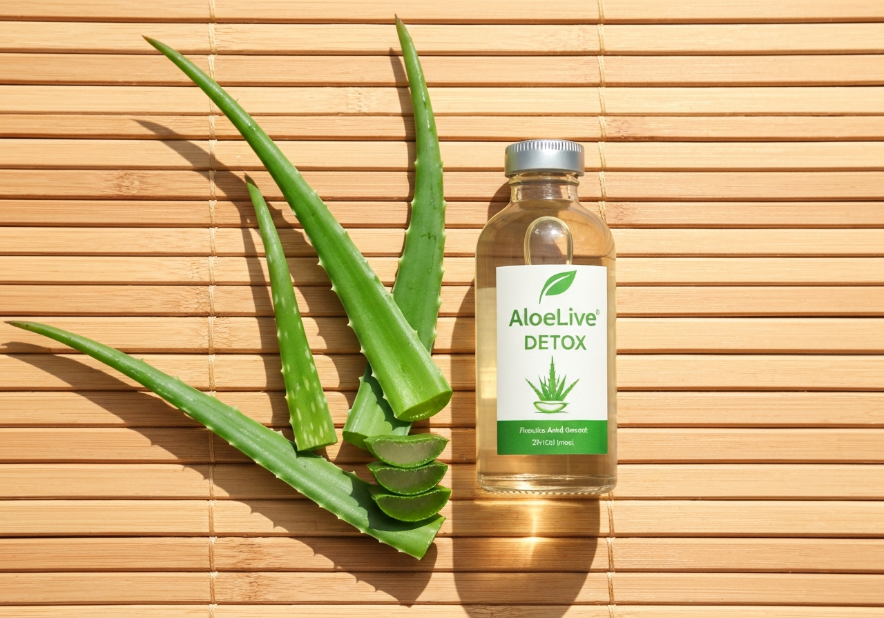 Aloelive detox: Opravdu funguje? (Upřímné výsledky) 2 A professional, minimalist flat-lay of a glass bottle of AloeLive Detox next to fresh aloe vera leaves, bamboo wooden surface, bright and airy medical-wellness studio background, editorial photography, soft natural light, 85mm lens, high quality, no text, no letters.