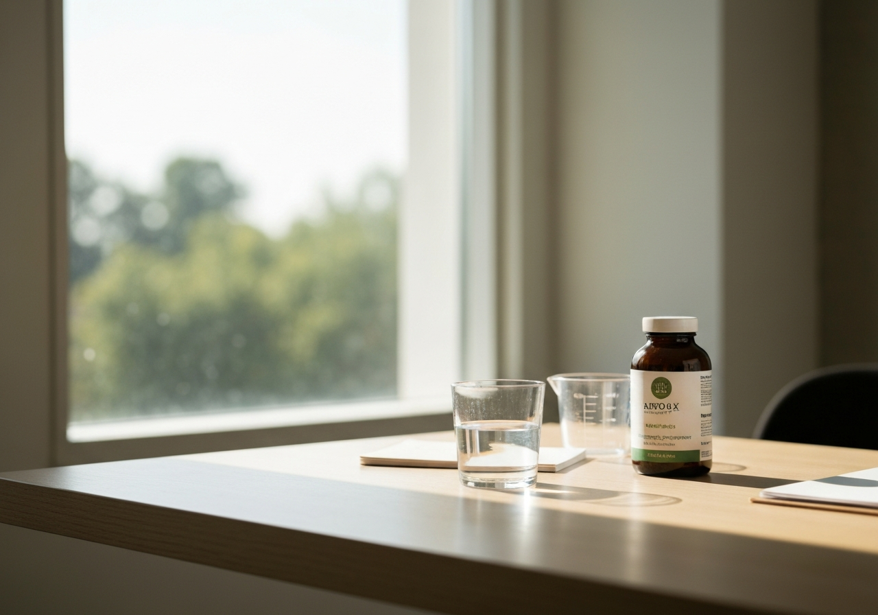 Aloelive detox: Opravdu funguje? (Upřímné výsledky) 3 A professional health practitioner's desk featuring a bottle of herbal detox supplement, a glass of water, and a measuring cup, modern minimalist setting, editorial photography, soft natural morning light, 85mm lens, high detail, no text, no letters