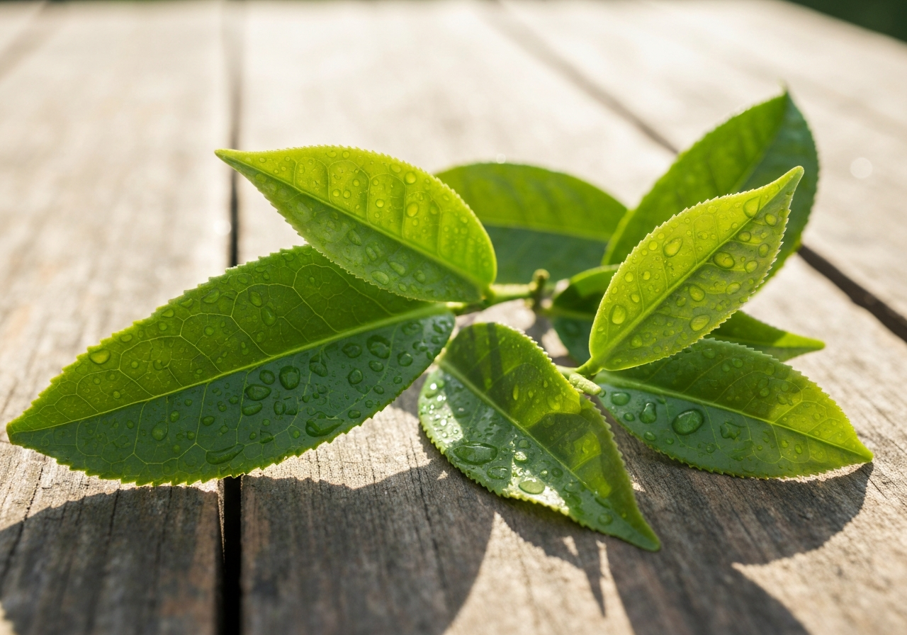 A macro photography shot of vibrant, dew-covered green tea leaves from a Camellia sinensis plant, resting on a rustic wooden table, soft morning sunlight filtering through, 85mm lens, high resolution, minimalist aesthetic, no text, no letters