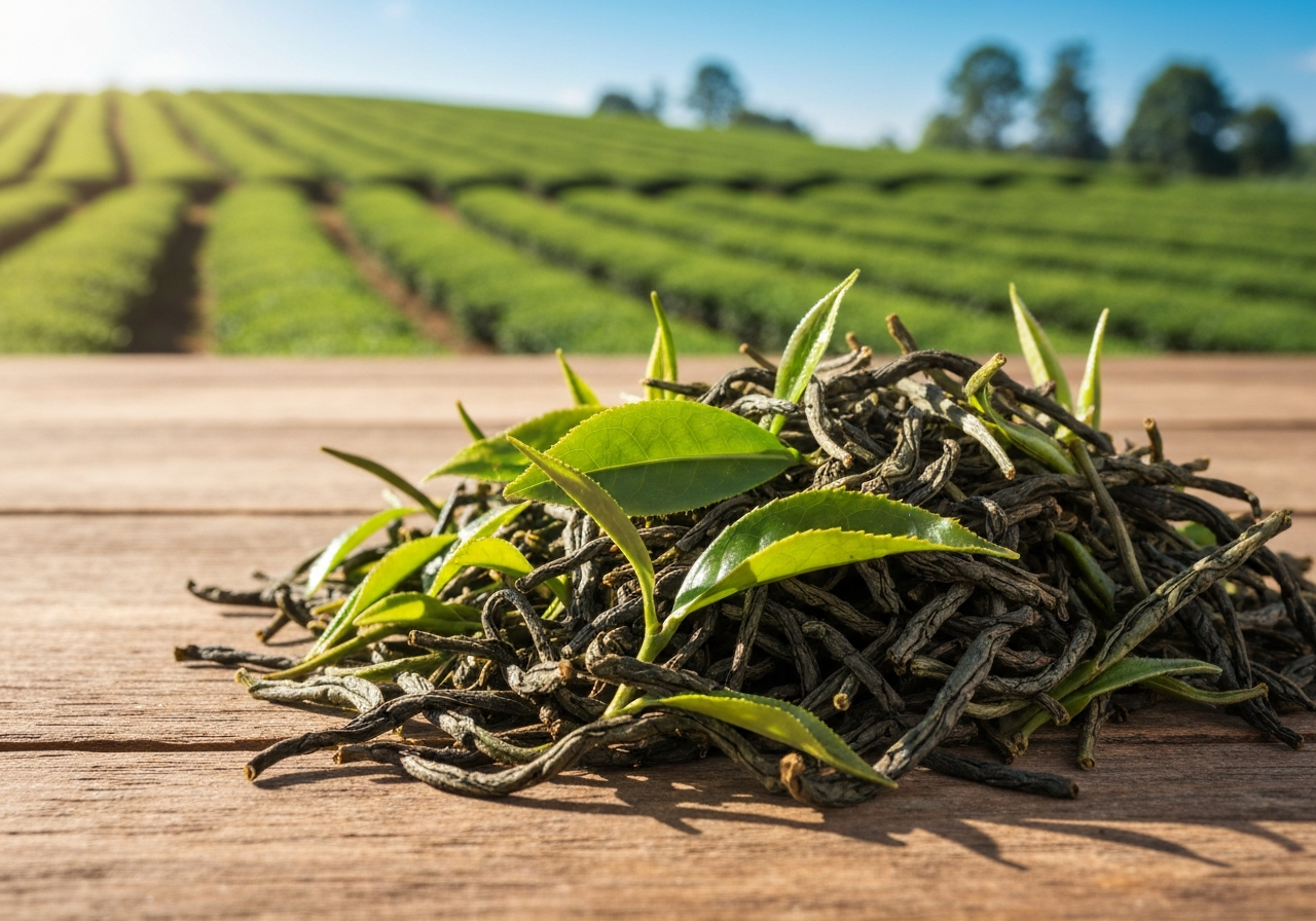 Macro shot of premium loose-leaf tea leaves resting on a rustic wooden table, blurred tea plantation background, soft natural sunlight, editorial photography, 85mm lens, high detail, no text, no letters