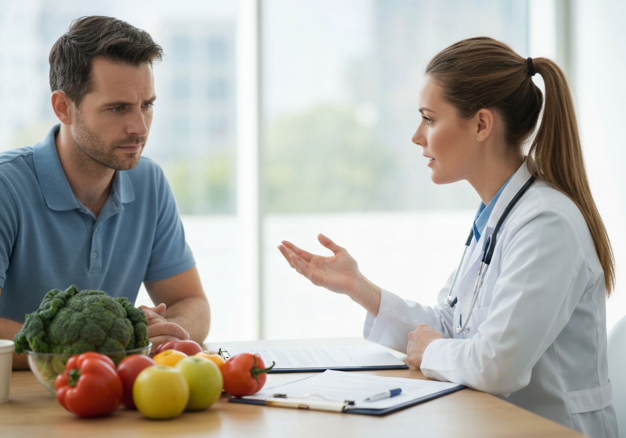 Vysoký tlak: Kdy volat lékaře? (Rychlý přehled) 3 A professional medical consultation setting, a doctor explaining a healthy diet plan to a patient with fresh fruits and vegetables on a clean wooden table, soft natural light, 85mm lens, editorial photography style, highly detailed, no text, no words, no letters