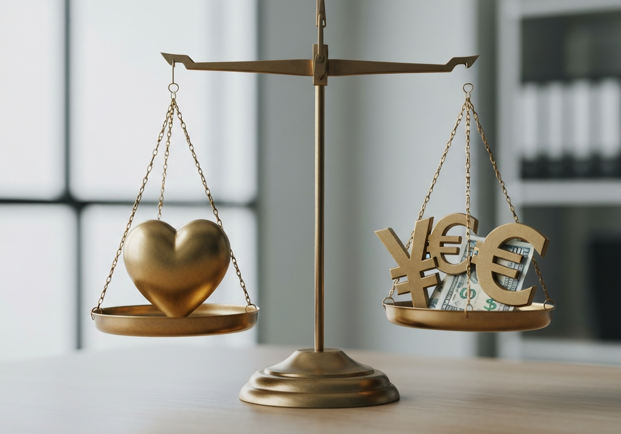 A conceptual artistic shot showing a balance scale where one side holds a golden heart and the other holds currency symbols, minimalist professional office background, high-end editorial aesthetic, soft natural light, 85mm lens, sharp focus, no text, no words, no letters