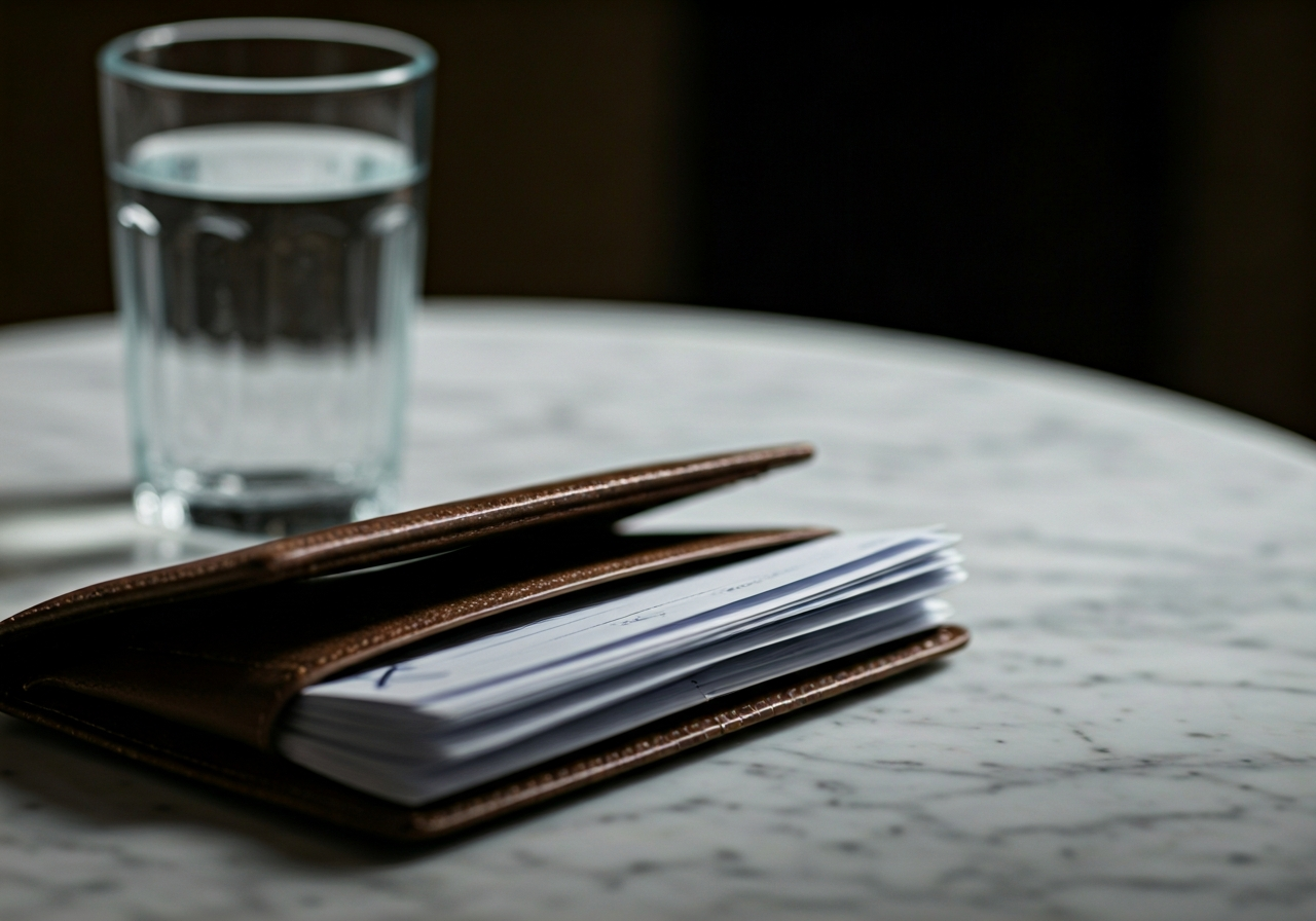Editorial photography, close-up of an elegant wallet with medical prescription slips and a glass of water on a minimalist marble table, soft natural light, shallow depth of field, 85mm lens, premium atmosphere, no text, no letters