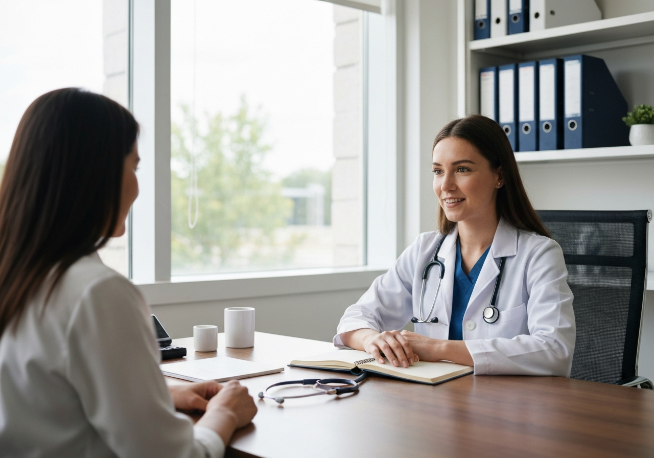 Celostní medicína: Funguje skutečně? (Pravda o detoxu) 2 A professional medical consultation in a bright, modern, minimalist office with soft natural sunlight, an open notebook and a stethoscope on a wooden desk, editorial photography, 85mm lens, high resolution, no text, no letters