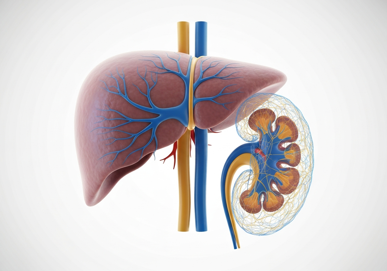 Detox: Kompletní přehled bezpečných metod (Test 2026) 2 Detailed anatomical 3D rendering of the human liver and kidneys, glowing with soft blue and gold light to represent metabolic activity, clean clinical white background, editorial medical illustration, soft focus, 85mm lens, no text, no words, no letters