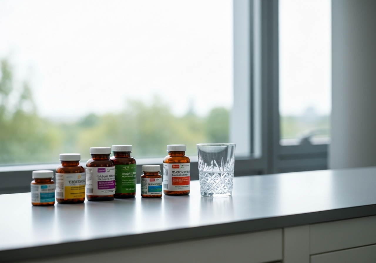 Detox: Kompletní přehled bezpečných metod (Test 2026) 3 A professional clinical lab table displaying various colorful supplement bottles next to a glass of water, minimalist and clean aesthetic, soft natural daylight streaming through a window, 85mm lens, shallow depth of field, high quality editorial photography, no text, no words, no letters.