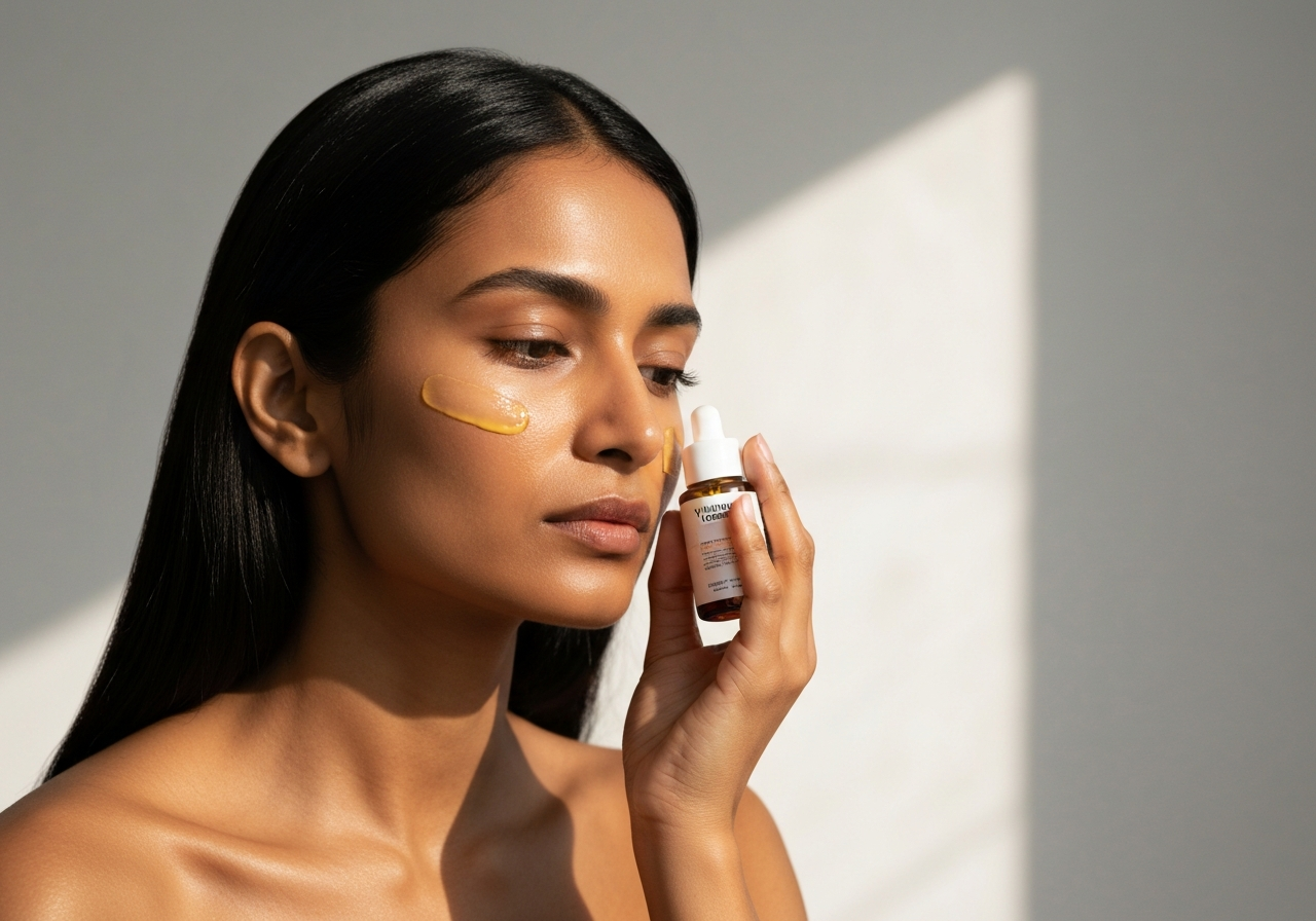 Kyselina askorbová: Tajemství krásné pleti? (Odkryto!) 3 Editorial photography, a woman applying a serum containing vitamin C to her face, modern clean studio, soft natural light, 85mm lens, highly detailed, no text, no words, no letters