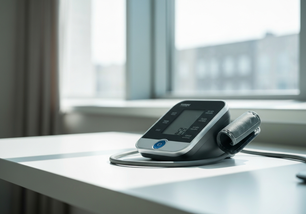 A professional digital blood pressure monitor on a clean white desk, cinematic soft focus, modern medical environment, natural daylight, 85mm lens, high resolution, professional editorial style, no text, no words, no letters