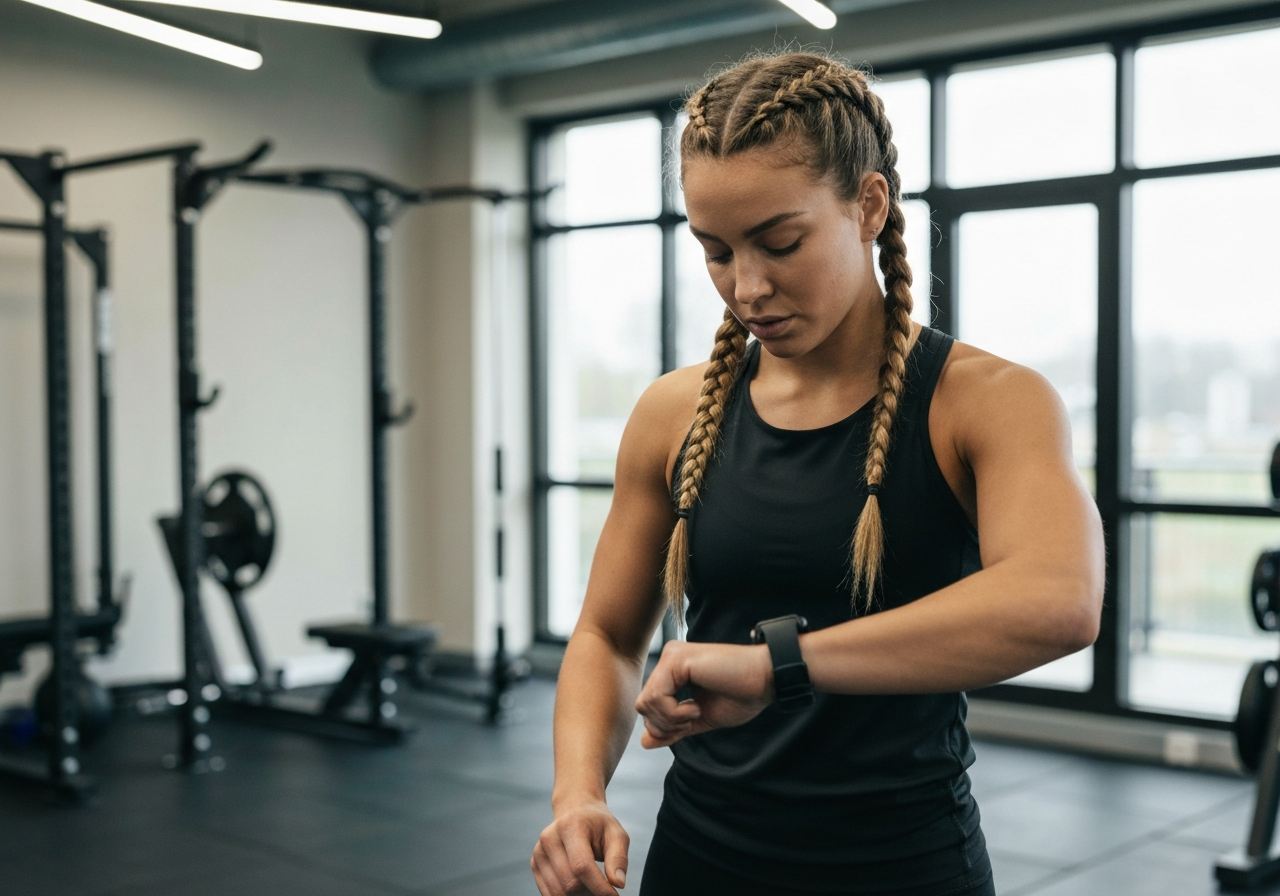 A professional athlete checking a heart rate monitor on their wrist during a focused training session, modern minimalist gym interior, editorial photography, soft natural light, 85mm lens, shallow depth of field, no text, no words, no letters.
