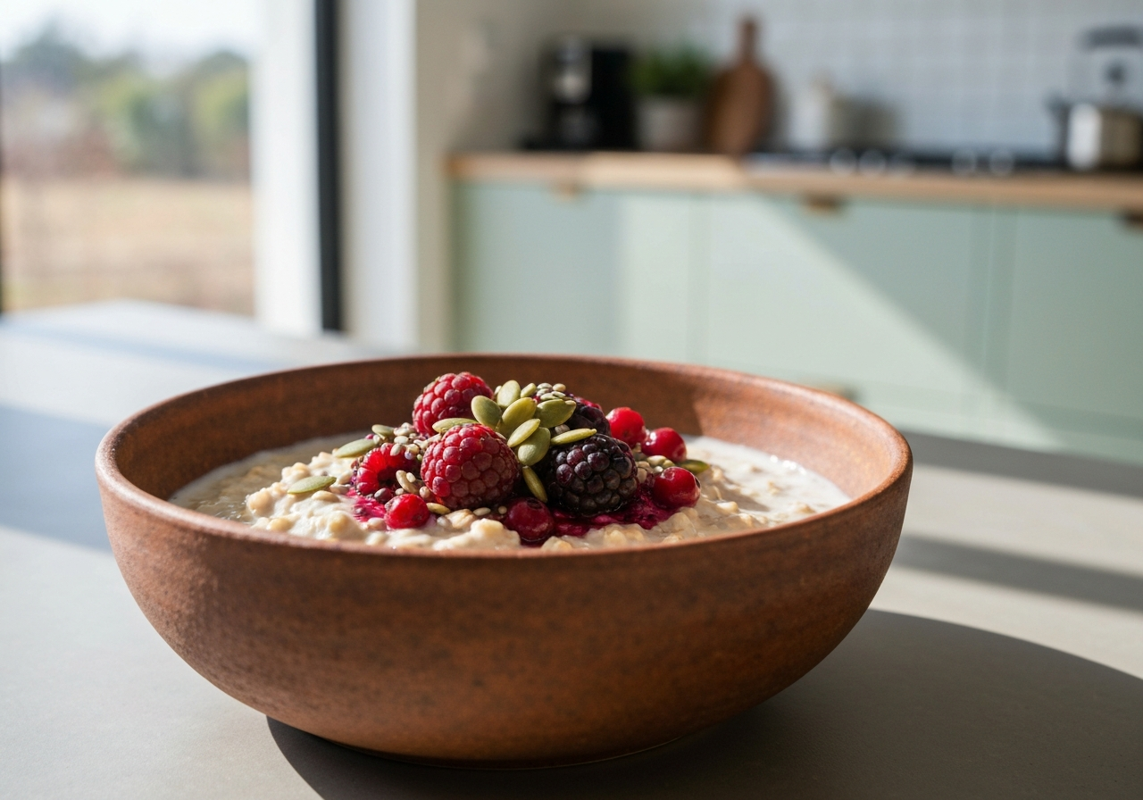 Fermentované snídaně: 7 rychlých receptů (do 5 min) 2 Close-up of a rustic ceramic bowl filled with creamy overnight oats topped with vibrant fermented berries and seeds, modern kitchen background, soft natural morning light, editorial food photography, 85mm lens, sharp focus, no text, no letters