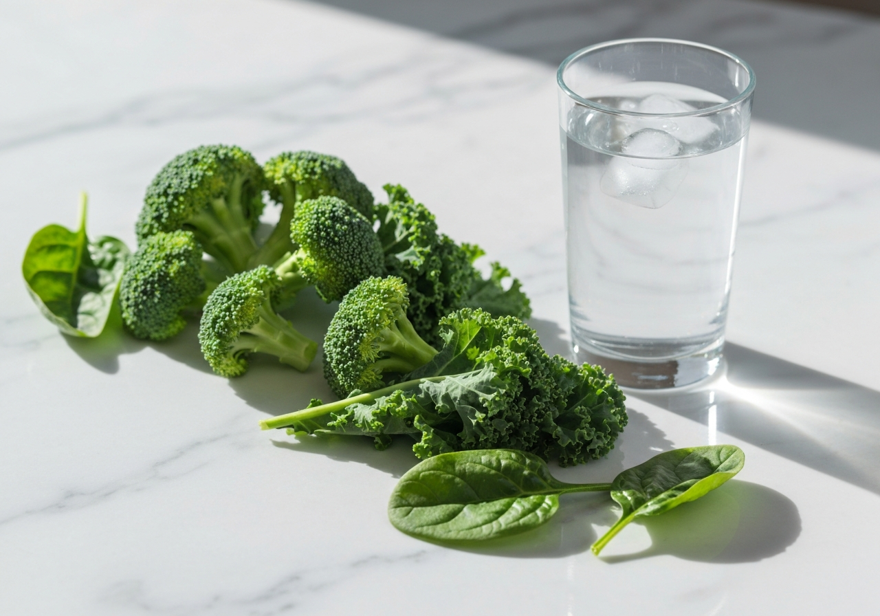Close-up macro shot of fresh green vegetables and a glass of water on a clean marble surface, professional medical infographic style background, soft natural lighting, high resolution, 85mm lens, no text, no words, no letters.