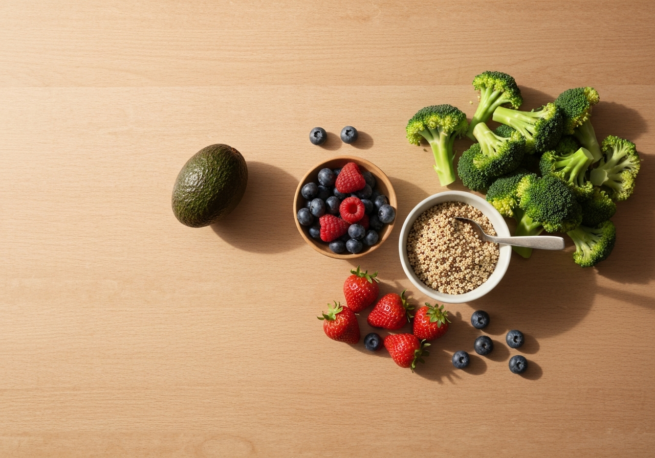 Flat lay of diverse whole foods like avocado, quinoa, berries, and steamed broccoli on a minimalist wooden table, soft natural morning light, editorial style, 85mm lens, high resolution, no text, no words, no letters