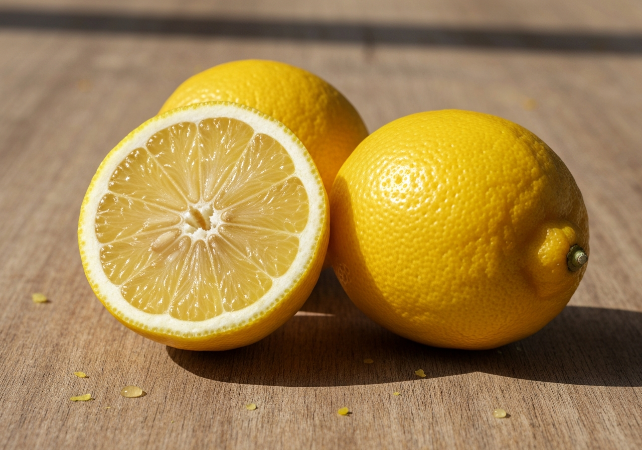 Citron: Je skutečně tak zdravý? 5 faktů (Vše o rizicích) 2 A professional editorial close-up of a halved Citron (Citrus medica) next to a bright yellow Lemon (Citrus limon), wooden rustic table, soft natural morning light, 85mm lens, high detail, premium culinary aesthetic, no text, no letters