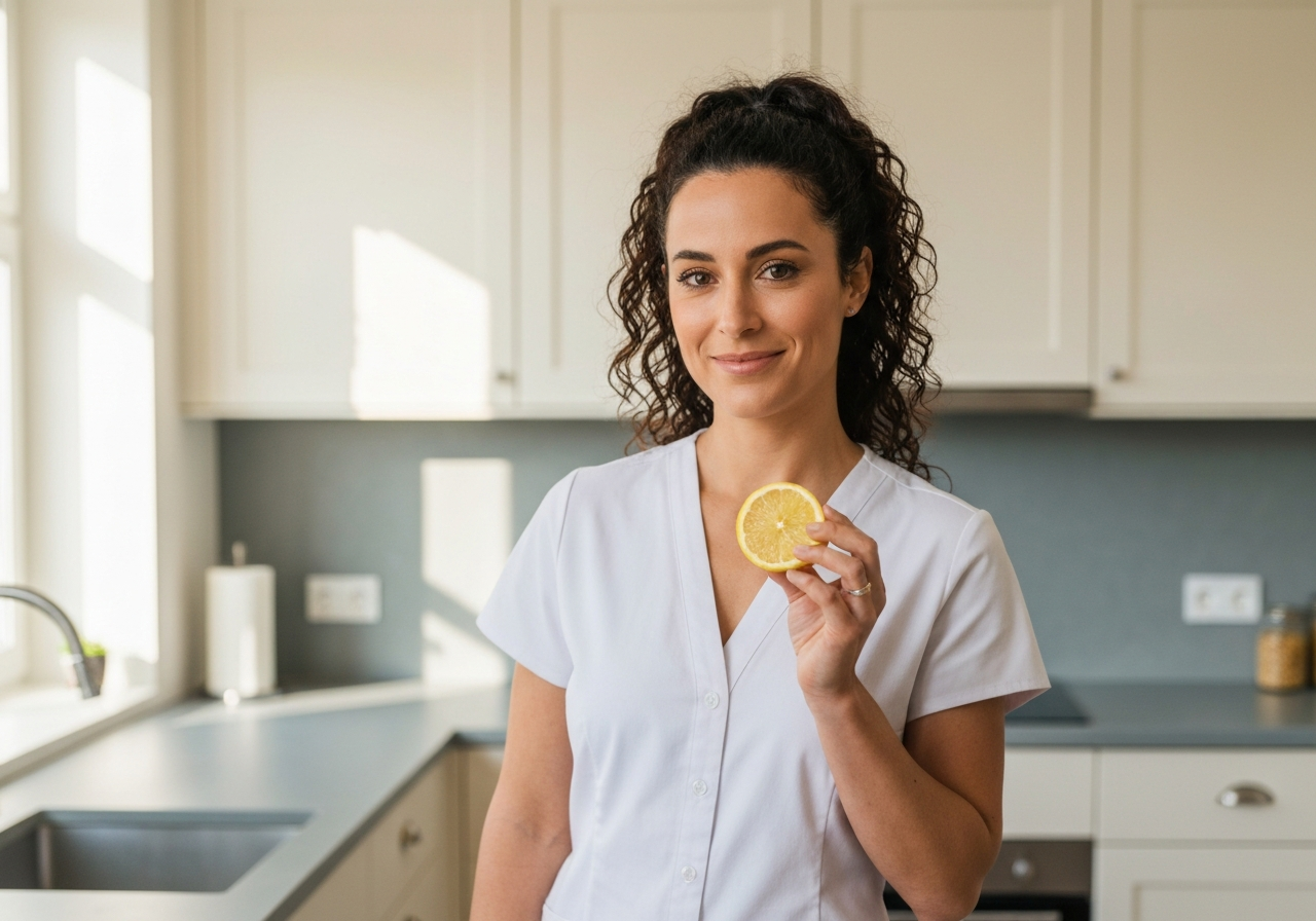 Citron: Je skutečně tak zdravý? 5 faktů (Vše o rizicích) 3 A professional nutritionist holding a fresh slice of lemon, clean minimalist kitchen background, bright soft natural light, shallow depth of field, 85mm lens, high quality editorial style, no text, no words