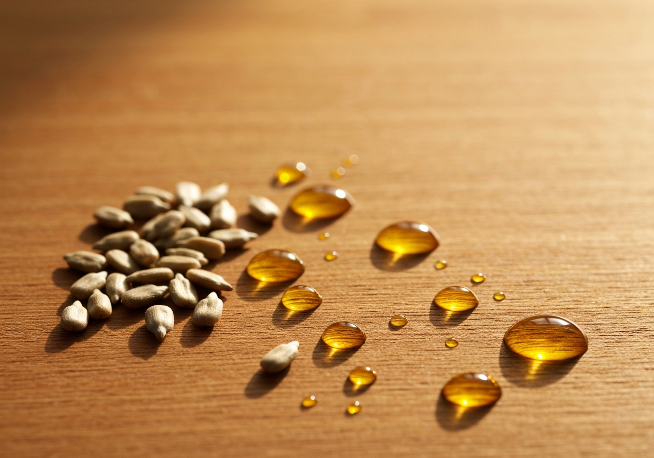 Macro photography of organic sunflower seeds and cold-pressed oil droplets, reflecting soft morning sunlight on a clean wooden surface, premium editorial health aesthetic, 85mm lens, sharp focus, no text, no words, no letters