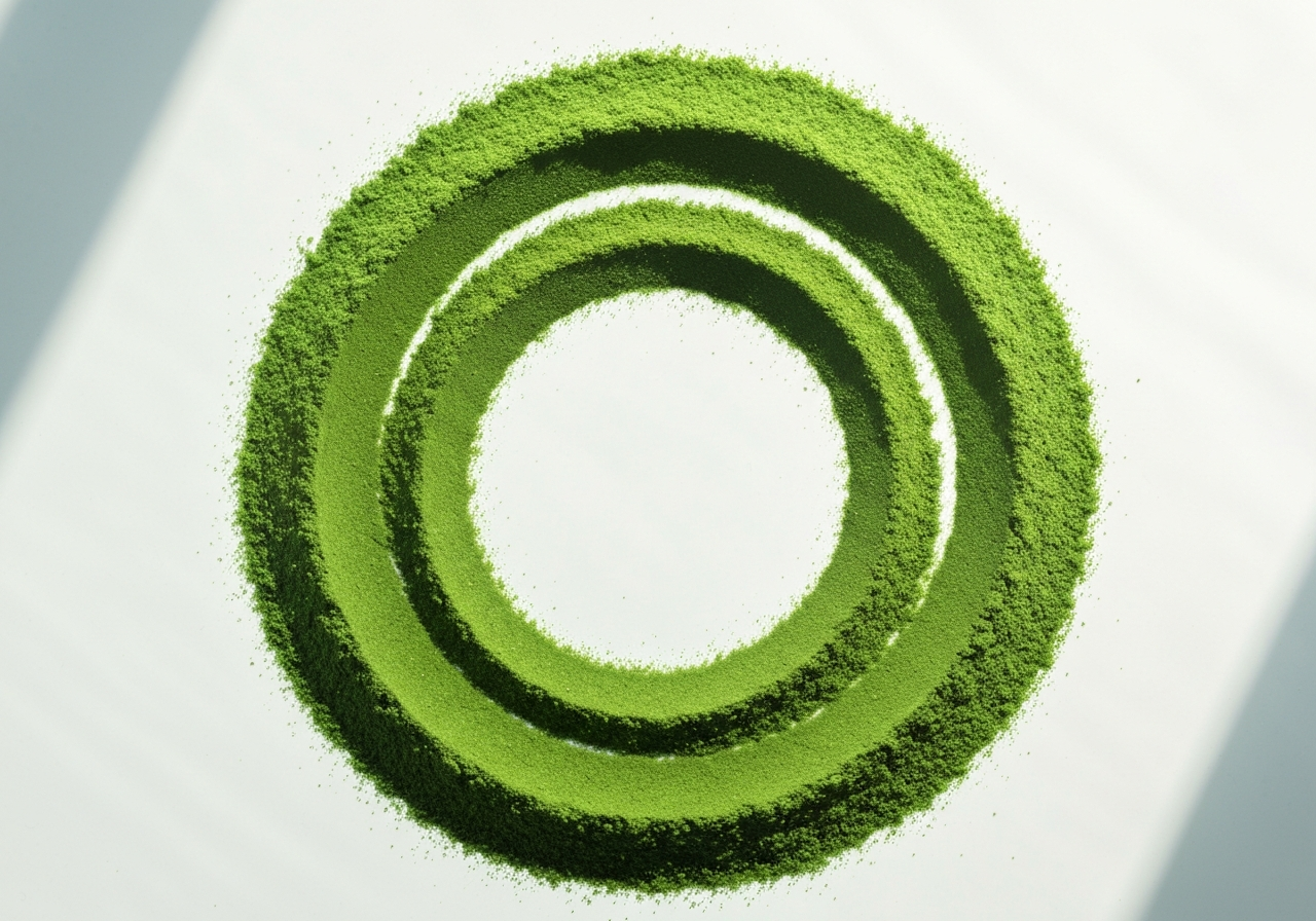 A macro photography shot of vibrant green chlorella powder, artistic arrangement, bright clinical laboratory background, soft natural light, premium editorial aesthetic, 85mm lens, no text, no letters