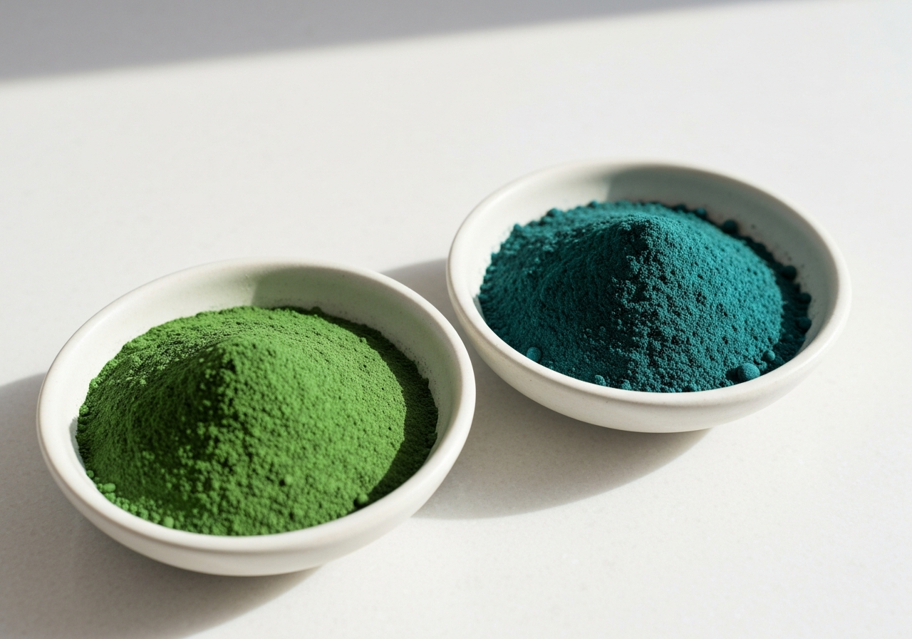Macro close-up of vibrant green chlorella powder and deep blue-green spirulina powder in small ceramic bowls, clean minimalist kitchen countertop background, editorial food photography, soft natural morning light, 85mm lens, high resolution, no text, no letters